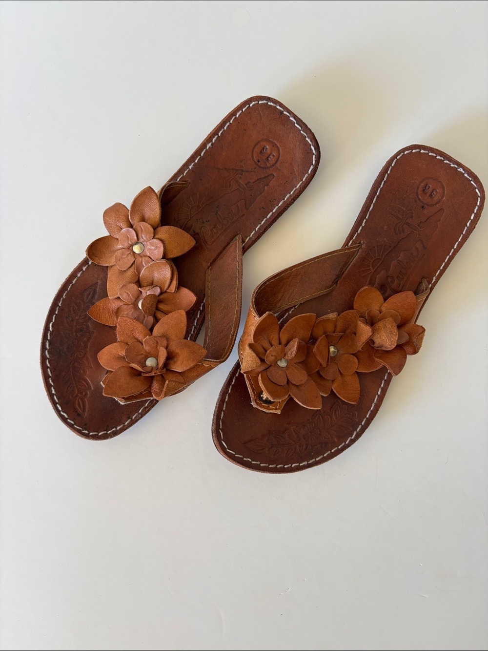 Leather Floral Applique Sandals Brown Slide Flip Flop Size 36 Boho